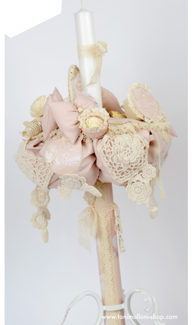 Lumanare de botez cu dantela ivory din bumbac, 65x4cm, Ziana 6